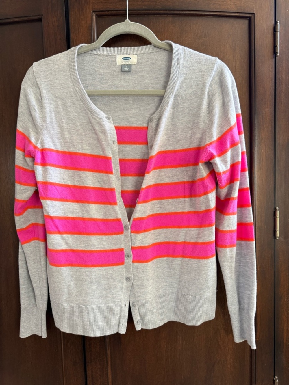 Old Navy Gray Cardigan with Pink Stripes - Women's Sweater